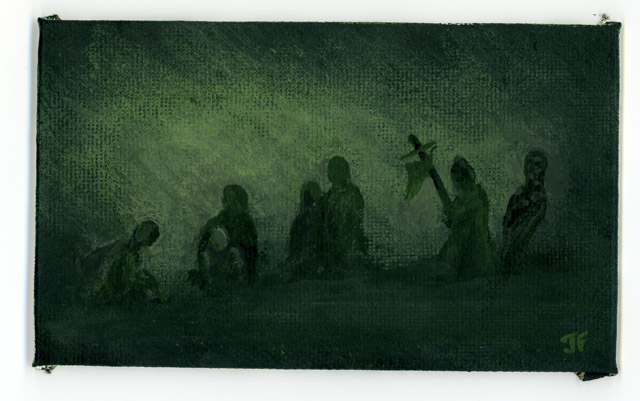 "A study for a possible future larger piece, this acrylic on canvas work was done as a colour and stylistic test for a more elaborate work to be entitled 'No Night Too Long'. The scene depicted is a variation on the opening scenes of the classic Universal feature 'Frankenstein', showing the grieving mourners as they lay an unidentified body to rest." 